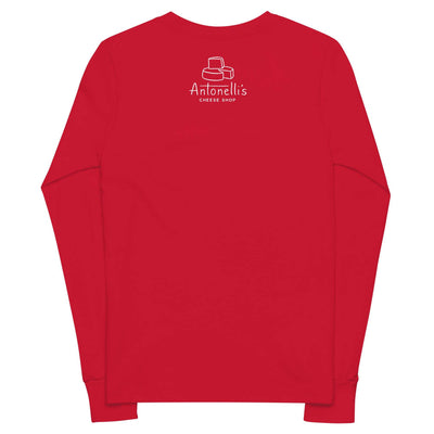 Red youth Munster long sleeve tee with Antonelli's Cheese Shop logo on back, made from soft Airlume cotton.