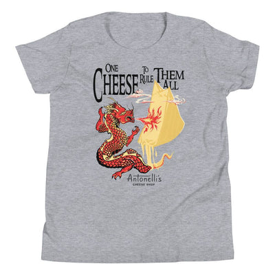 Youth short sleeve t-shirt with dragon and cheese design, made of soft cotton blend.