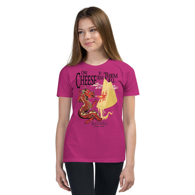 Youth short sleeve t-shirt with "One Cheese to Rule them All" design in vibrant colors.