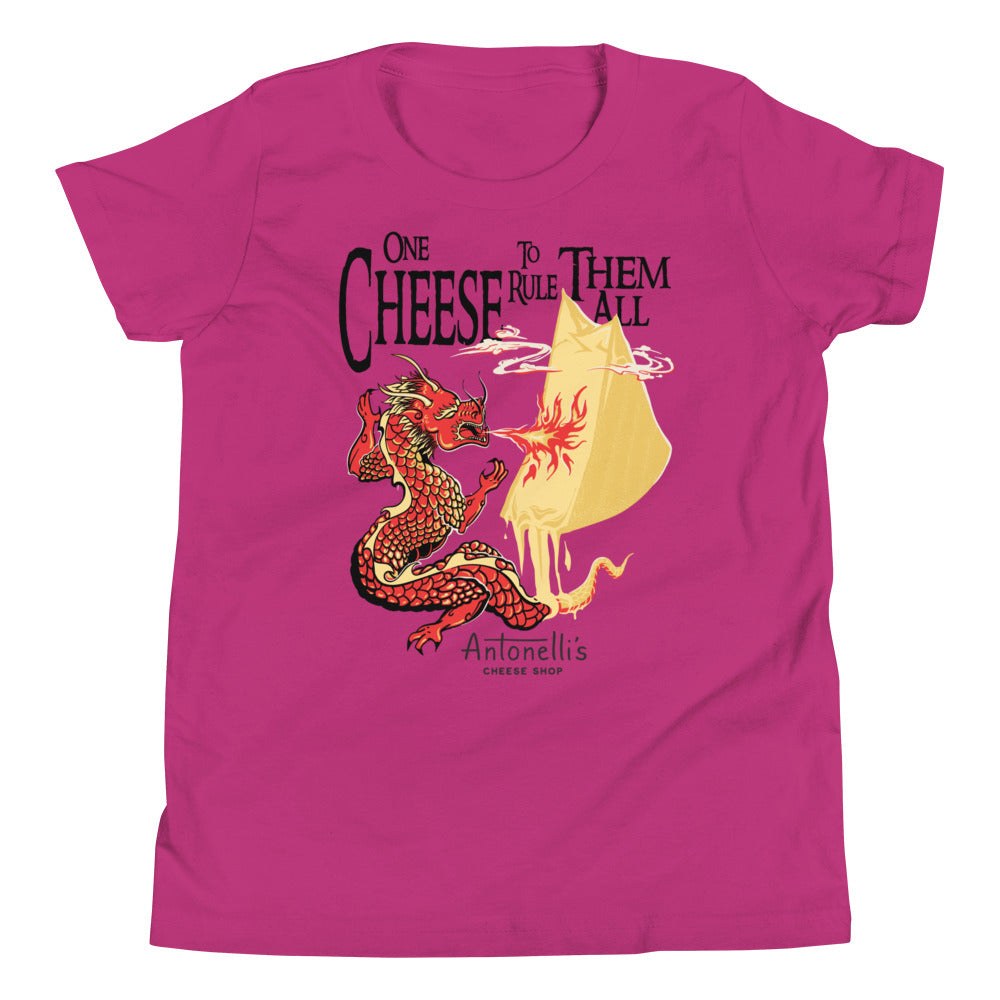 Youth short sleeve t-shirt featuring "One Cheese to Rule Them All" design with dragon graphic on magenta fabric.