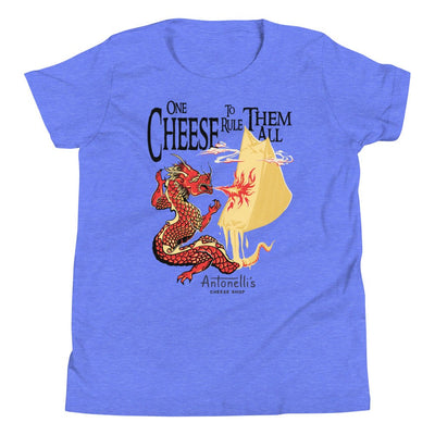 Youth short sleeve T-shirt featuring "One Cheese to Rule Them All" dragon design.