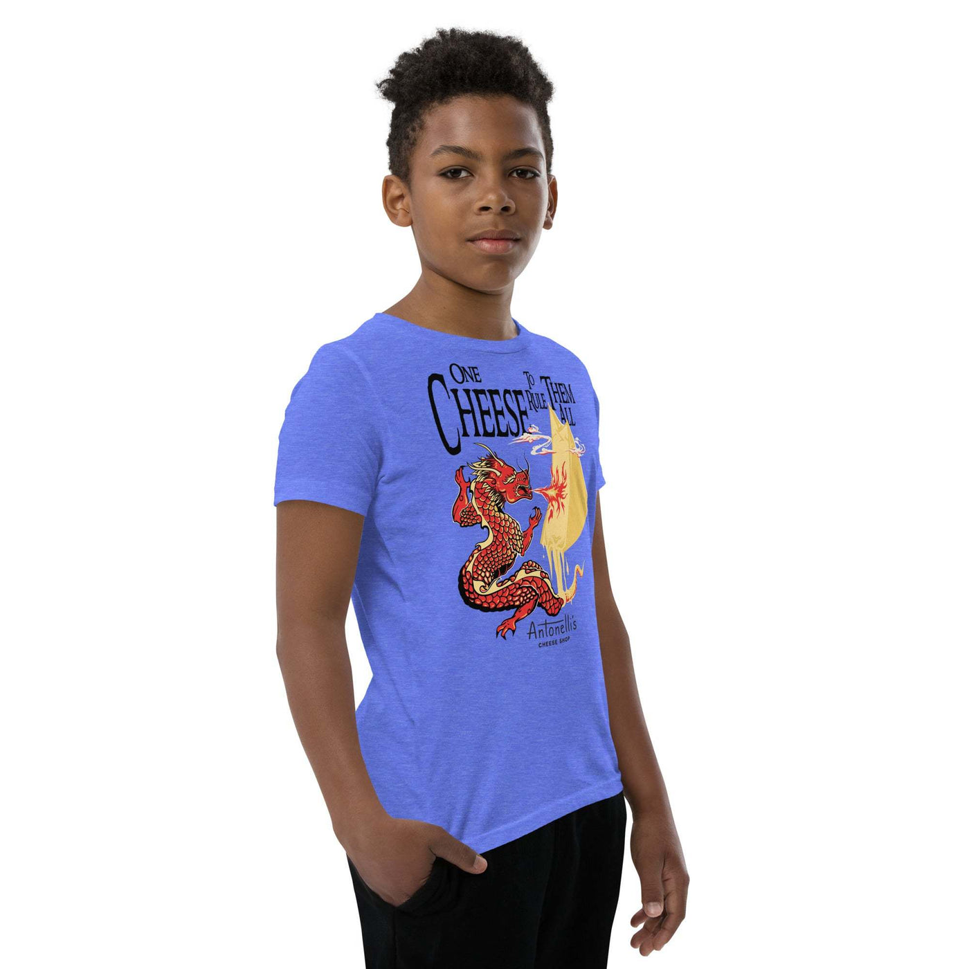 Youth short sleeve t-shirt with "One Cheese to Rule Them All" design, blue color.