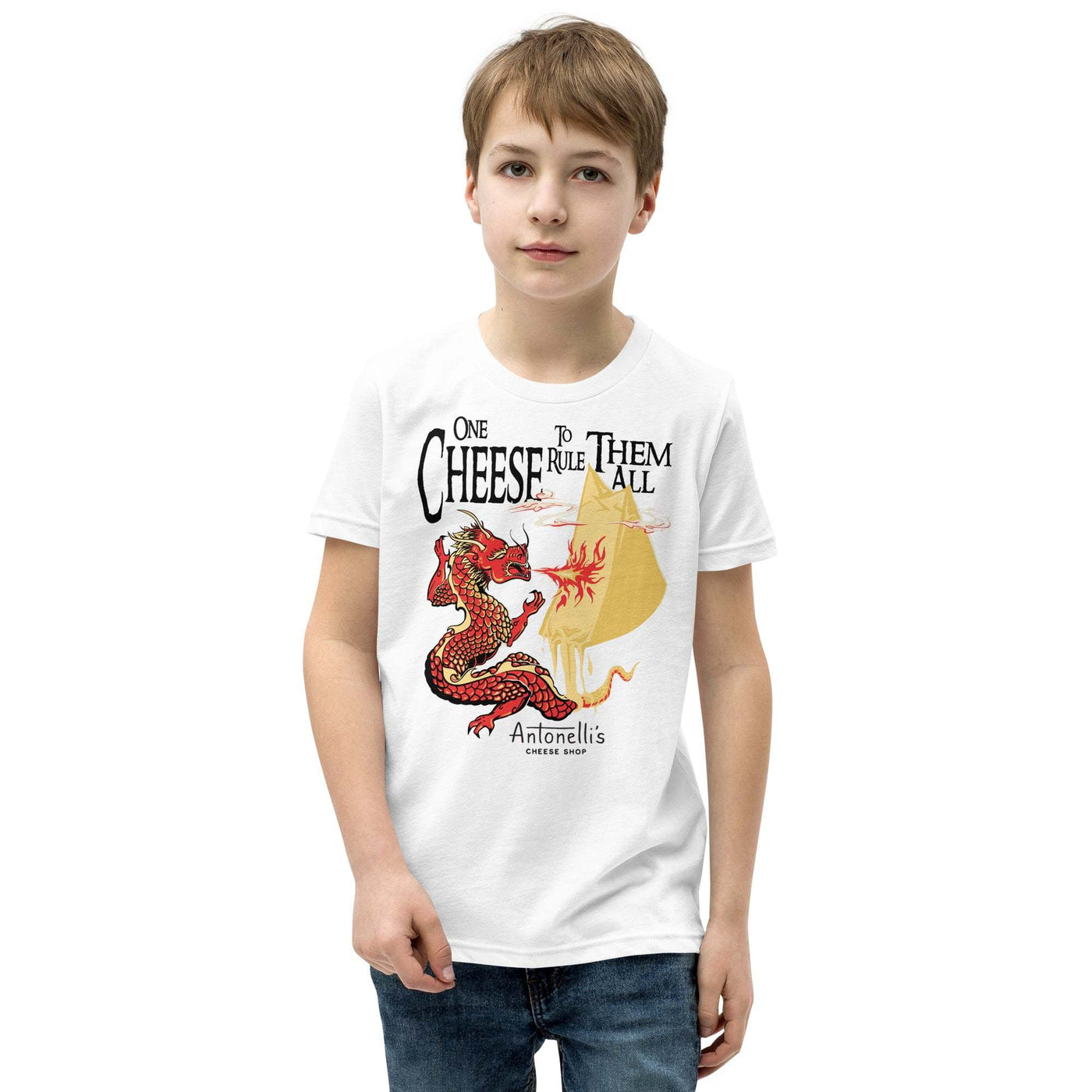 Youth t-shirt with a dragon and cheese design, text "One Cheese to Rule Them All," short sleeve.